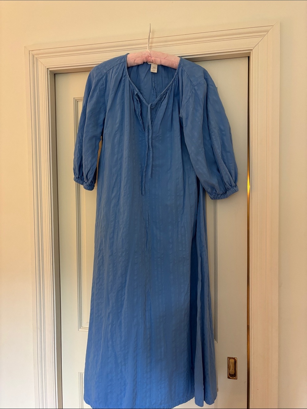 H&M Light Blue Midi Peasant Dress with Tie Neck